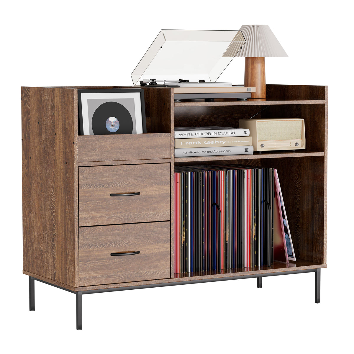 Record Player Stand With Adjustable Shelves, Holds 350 Vinyls, Media Console With Speaker Shelf & 2 Drawers, 27.6 Turntable TV Stand For Living Room, Bedroom, Some Assembly Required