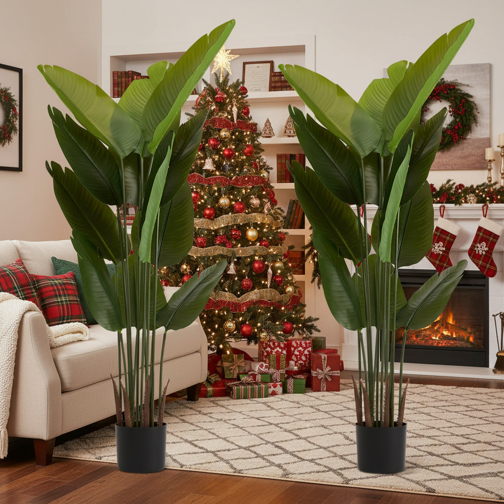 2PCS Set 5.2ft Tall Artificial Plant Faux Tropical Natural Palm Tree In Pot For Indoor Outdoor Home Office Garden Decor