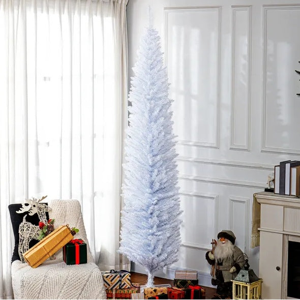 HOMCOM 8' Artificial Pencil Christmas Tree, Slim Xmas Tree With 618 Realistic Branch Tips And Plastic Stand, White