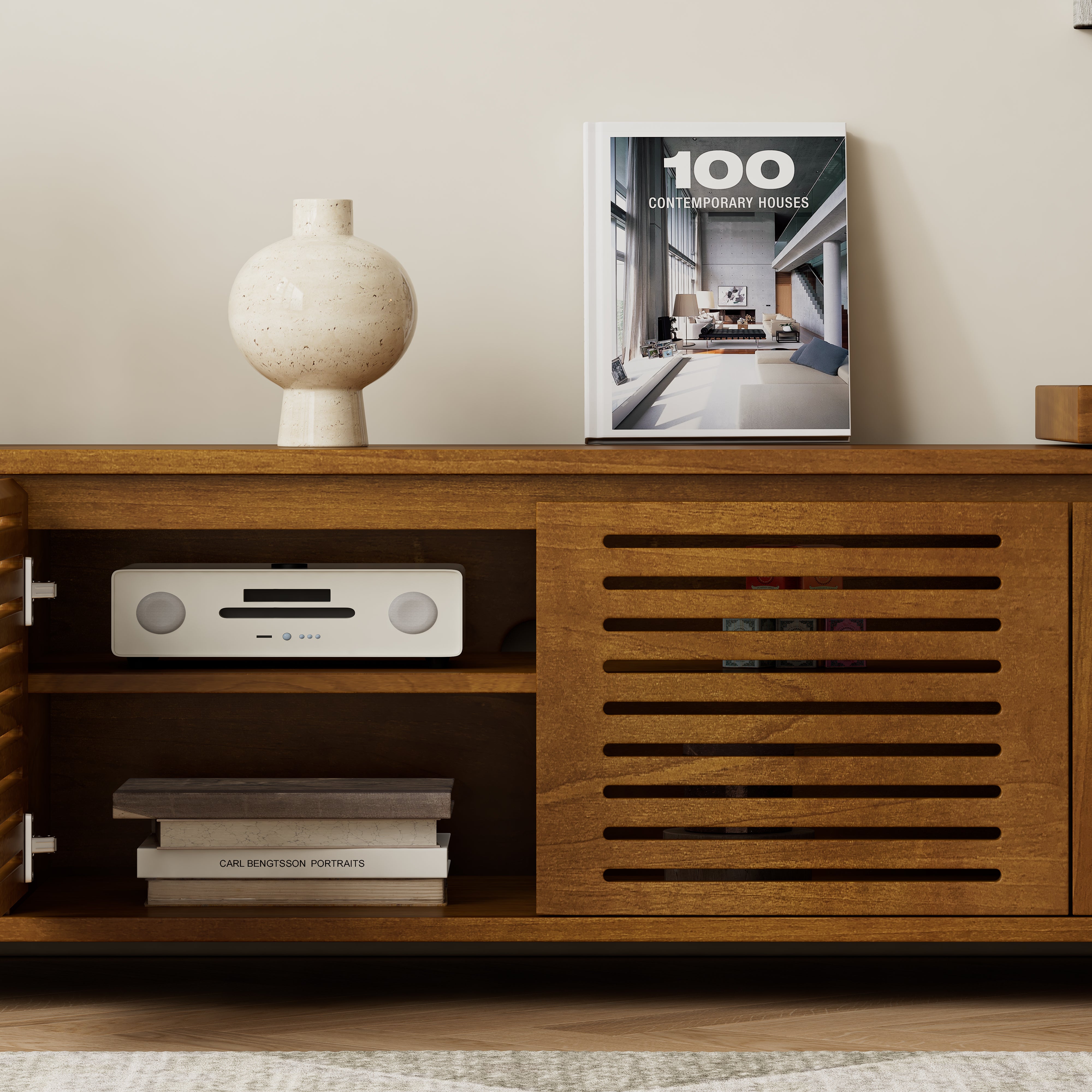 63 Mid-Century Modern Extendable TV Stand For TVs Up To 75, Media Console TV Cabinet For Living Room, Farmhouse Entertainment Cabinet With Storage & Adjustable Panel