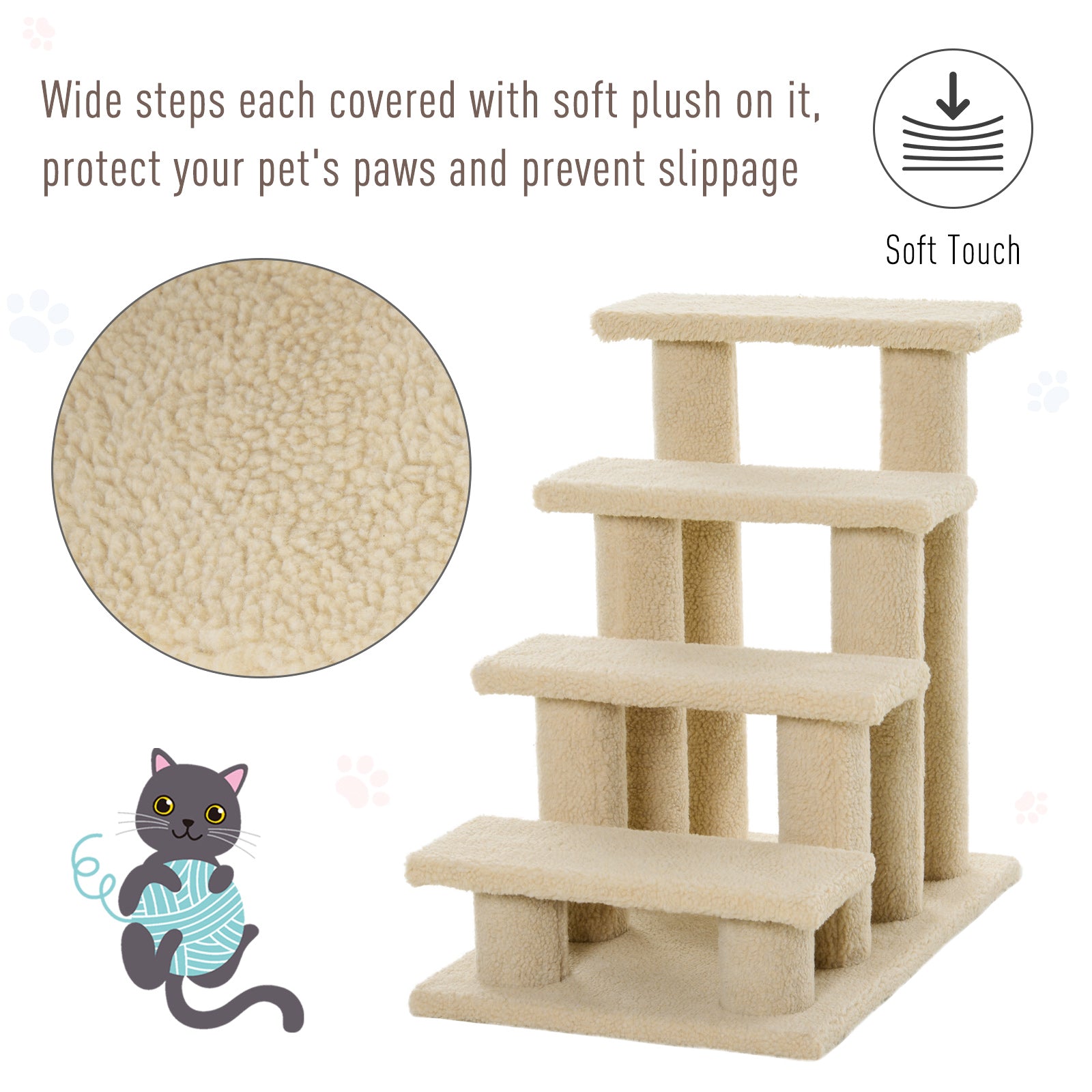 25" 4-Step Multi-Level Carpeted Cat Scratching Post Pet Stairs, Cream White