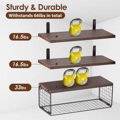 2 In 1 Floating Shelves Wall Mounted With Storage Basket Bathroom Shelves Over Toilet Wooden Shelves For Bedroom Living Room Kitchen Office Wall Decor Plants