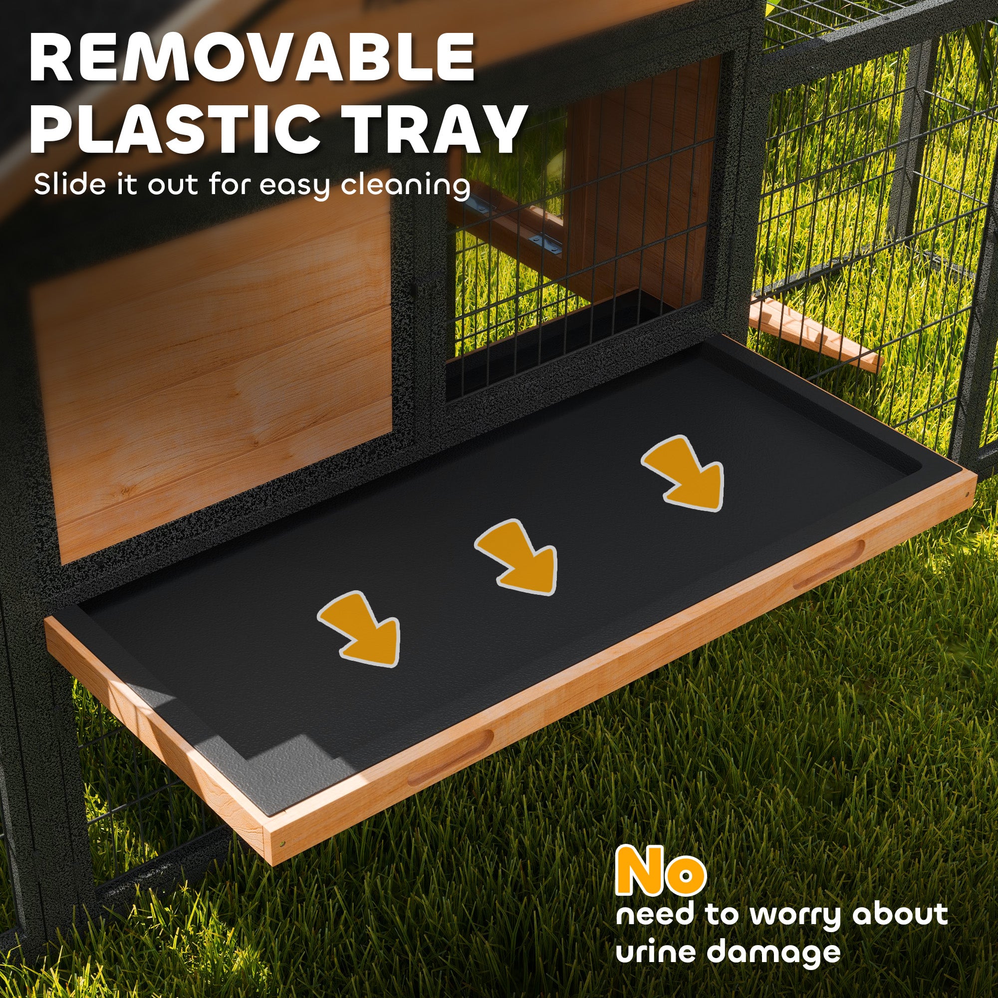Wooden Rabbit Hutch Outdoor, 85" Large Bunny Cage with Steel Run, Removable Plastic Tray, Asphalt Roof, Ramp