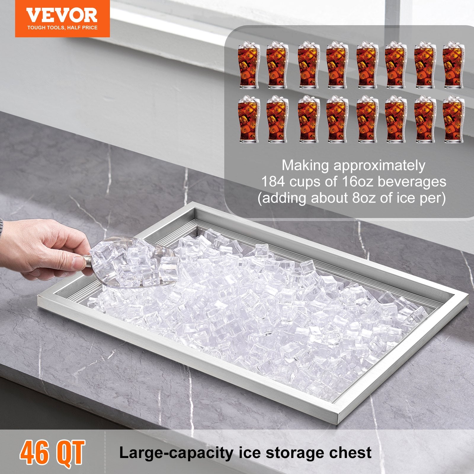 Drop In Ice Chest, 22'L X 17'W X 12'H Stainless Steel Ice Cooler, Commercial Ice Bin With Cover, 40 Qt Outdoor Kitchen Ice Bar, Drain-pipe And Drain Plug Included, For Cold Wine Beer
