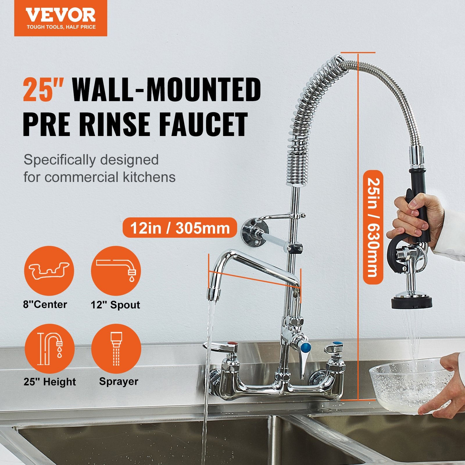 Commercial Faucet With Pre-Rinse Sprayer, 25' Height, 8' Center, 12' Swing Spout, Wall Mount Kitchen Sink Faucet, Brass Constructed Device With Pull Down Spray, For 1/2/3 Compartment Sink