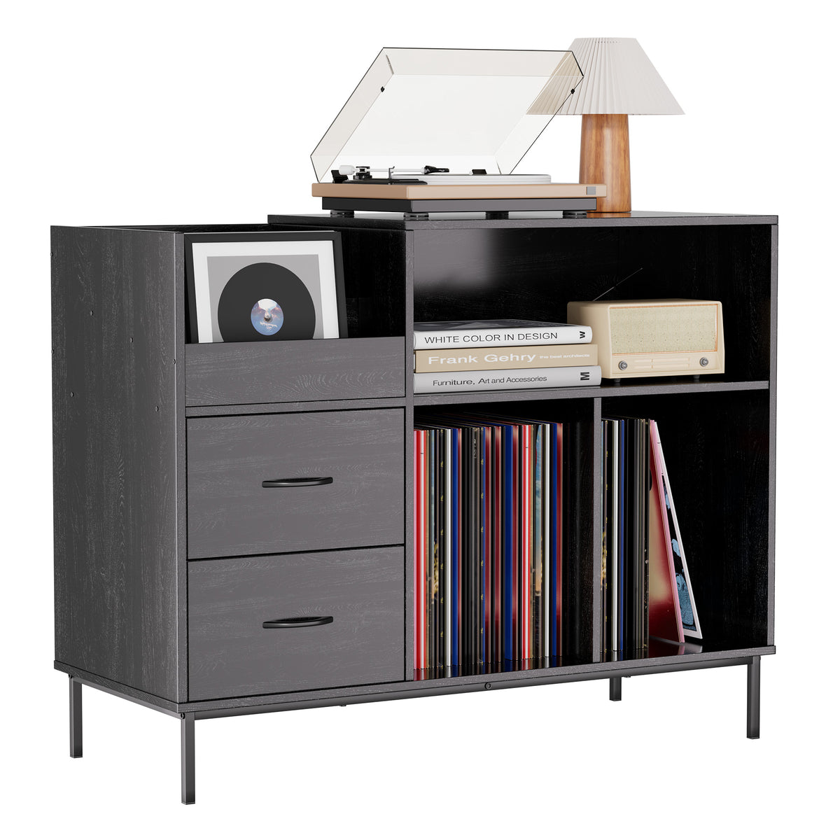 Record Player Stand With Power Outlet  Flip-Down Lid, Turntable Table With Storage For 300 Vinyls, Black Wood Grain Media Console With 2 Drawers, 27.6 With Dust Protection, Some Assembly Required,