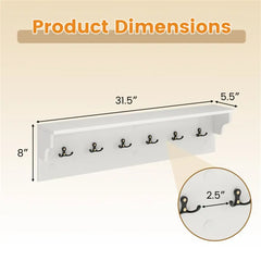 Wall Mount Coat Rack With Shelf - 31.5"x5.5"x8", 6 Hooks & 110LBS Capacity (White)