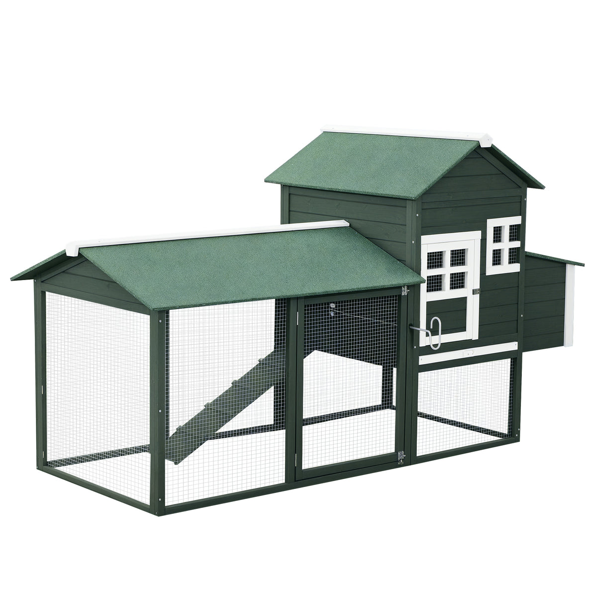 84" Wooden Chicken Coop, Hen House Outdoor with Run Nesting Box, Asphalt Roof, Removable Tray, Ramp, Poultry Cage for 2-3 Chickens, Green