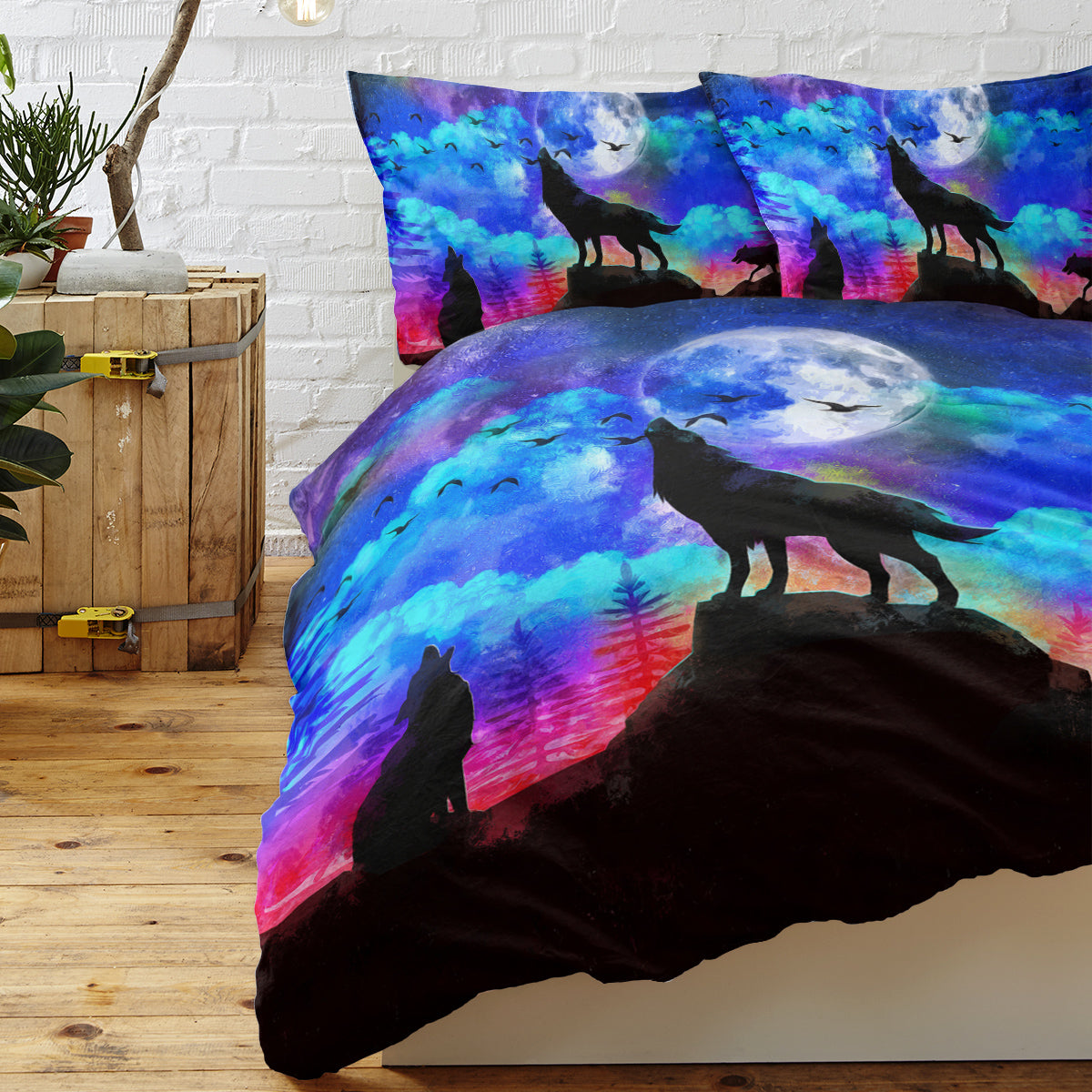 3pcs Starry Sky Moon Night Wolf Pack Bedroom Printed Beddings For Four Seasons Use