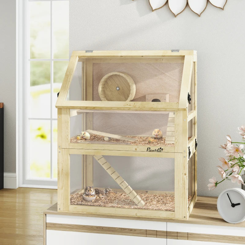 3 Tier Wooden Hamster Cage W Detachable Bottom, Hut, Seesaw, Exercise Wheel, Ramps