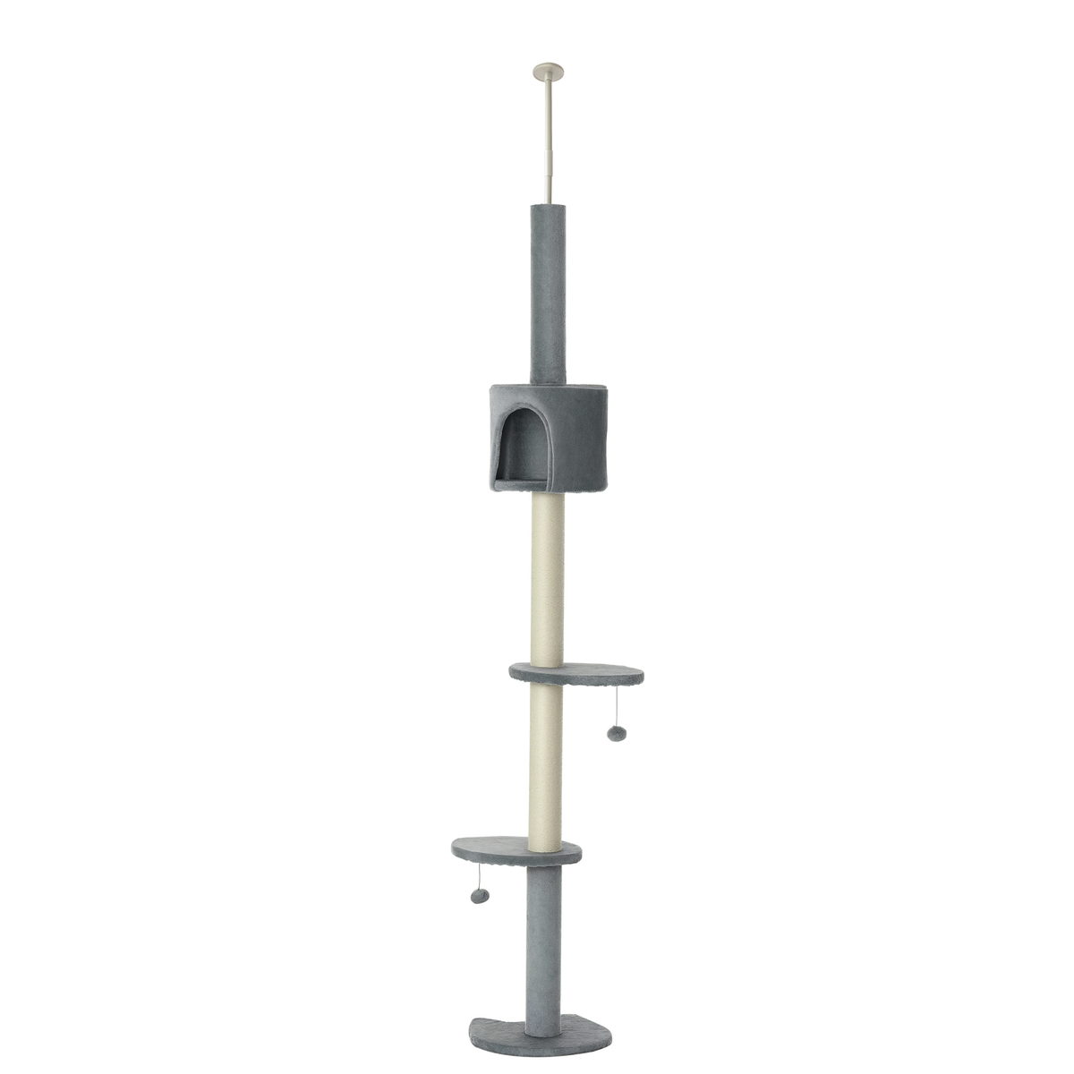 85.5" Cat Tree Height Adjustable Floor-to-Ceiling 4-Tier Kitty Climbing Activity Center Condo Cat Toy with Scratching Post Hanging Balls Play Rest Post Pet Furniture Grey