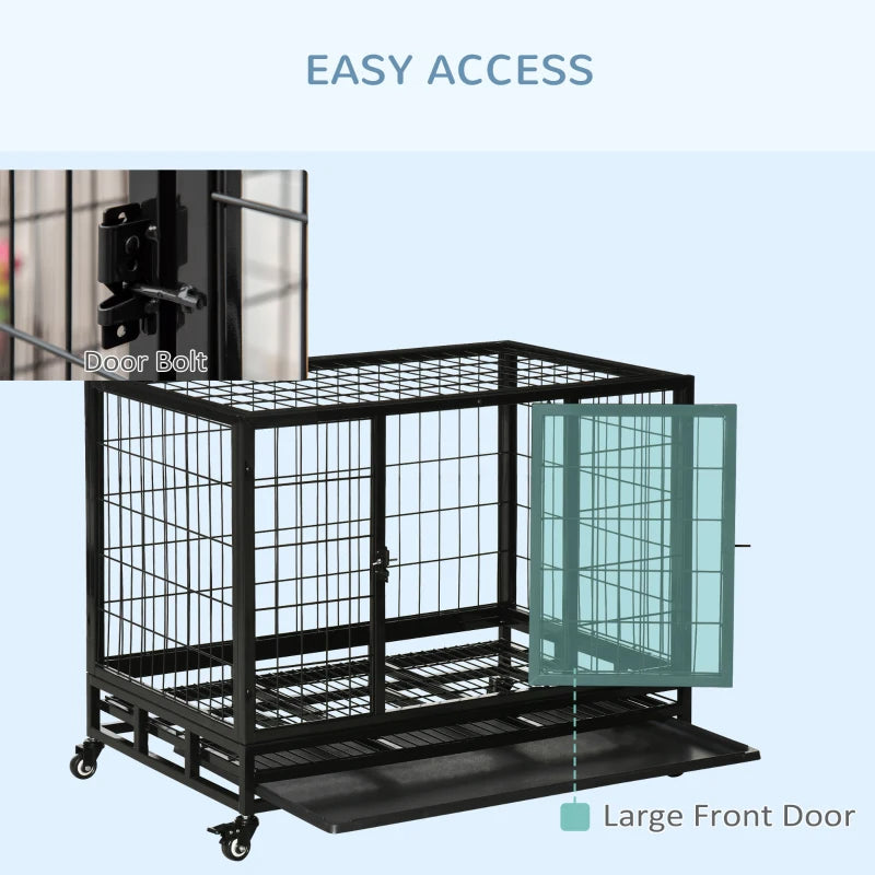 PawHut Heavy Duty Dog Crate With Removable Tray, Lockable Wheels And Double Door, For Medium And Large Dogs, Black