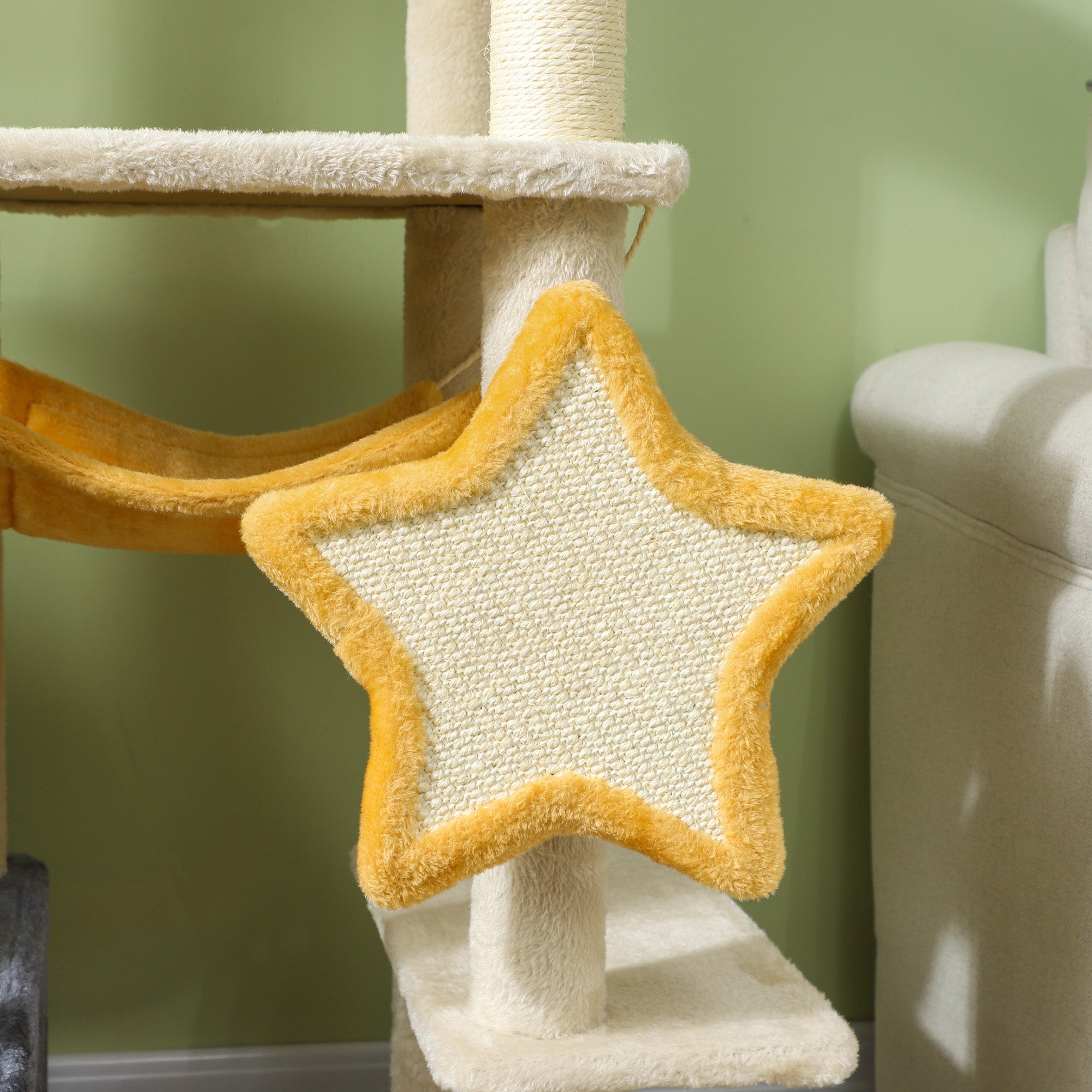 63 Inch Moon and Star Themed Cat Tree with Scratching Post, Hammock, Condo, Bed, Scratching Board & Cat Toys, Beige