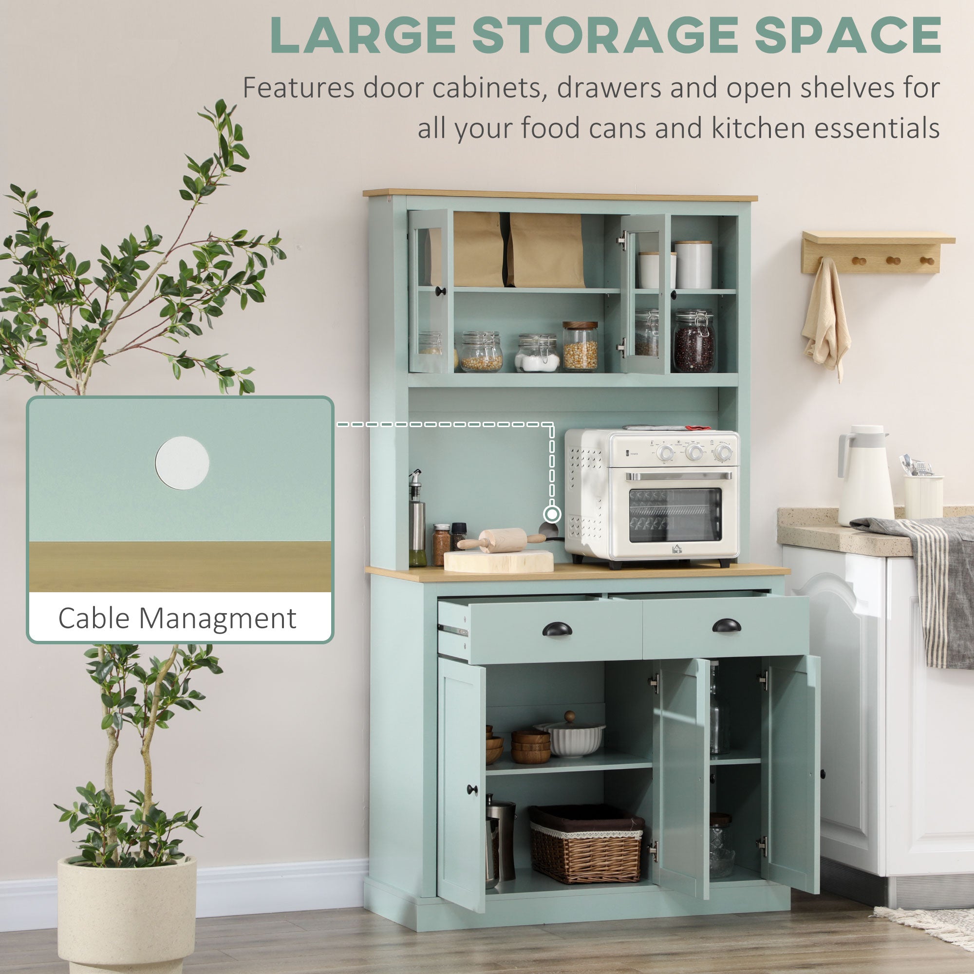 Kitchen Pantry Storage Cabinet with Microwave Stand, 71" Modern Kitchen Hutch with Open Countertop, Glass Doors, Storage Drawers and Adjustable Shelves for Dining Room, Coffee Bar, Light Blue