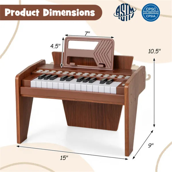25 Keys Mini Digital Piano For Kids Age 3+, Lighted Teaching Mode With 6 Tones & 15 Demo Songs-Brown
