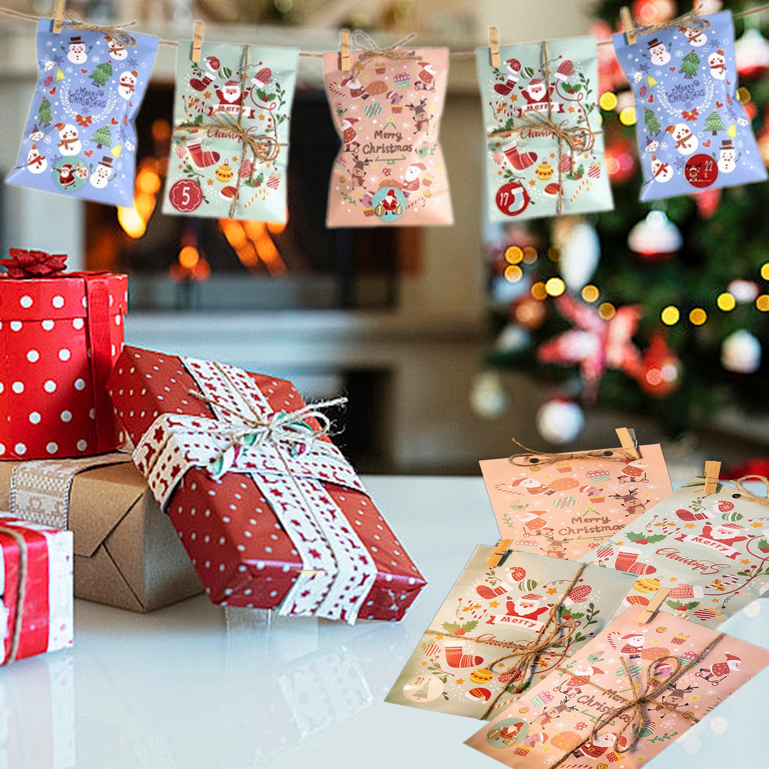 48 Pack Christmas Advent Calendar Bags Kit Envelope Shape Paper Gift Bags With Advent Numbers Stickers Clips And Rope Santa Claus Snowman Pattern Goodie Candy Treat Bags For Xmas Party Tree Decoration