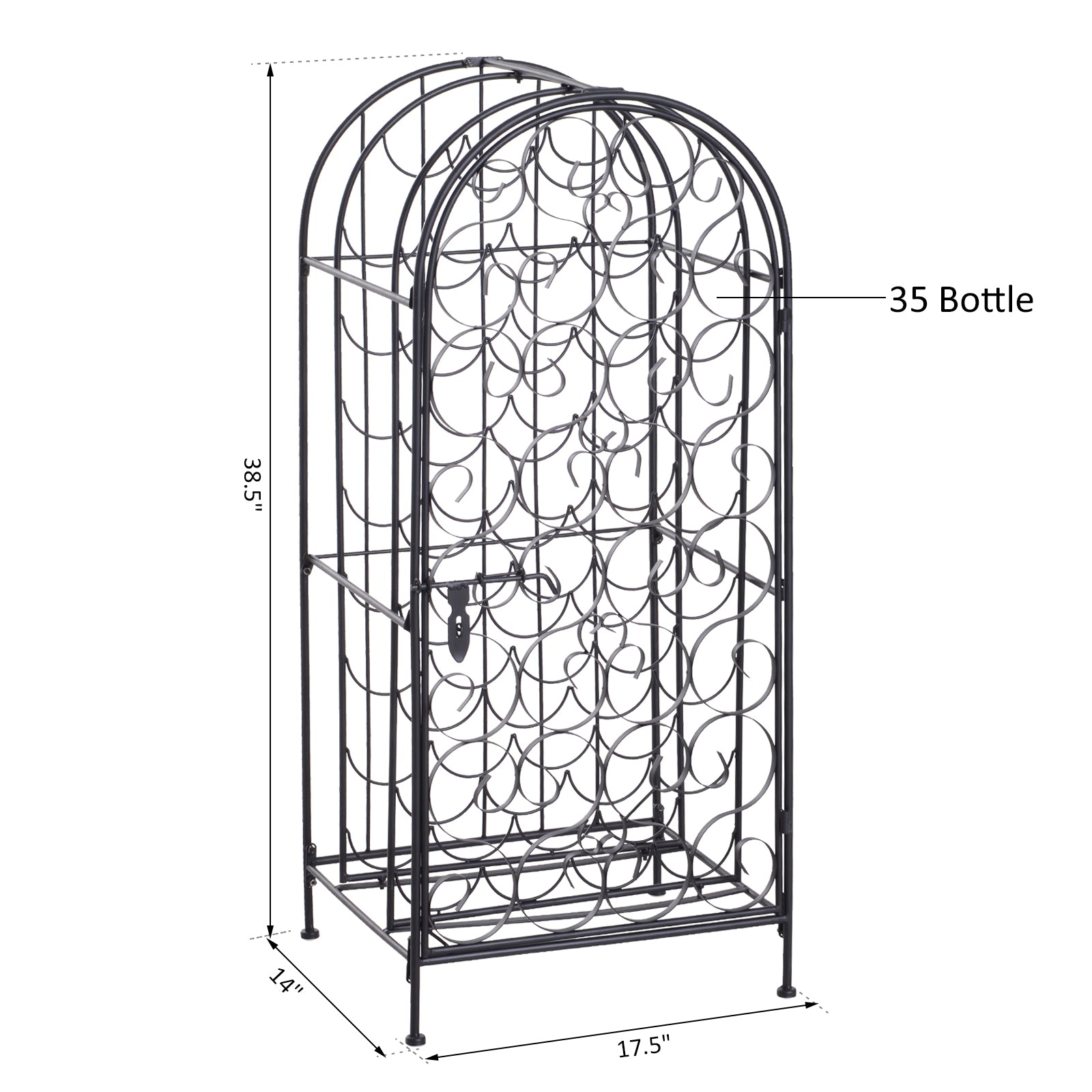 35 Bottle Wrought Iron Wine Rack Cabinet with Lock,  Black