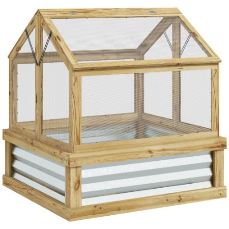 Outsunny Raised Garden Bed With Polycarbonate Greenhouse, Garden Wooden Cold Frame Greenhouse Flower Planter Protection, Peak Roof, 35.5x 31.5 X 36, Natural
