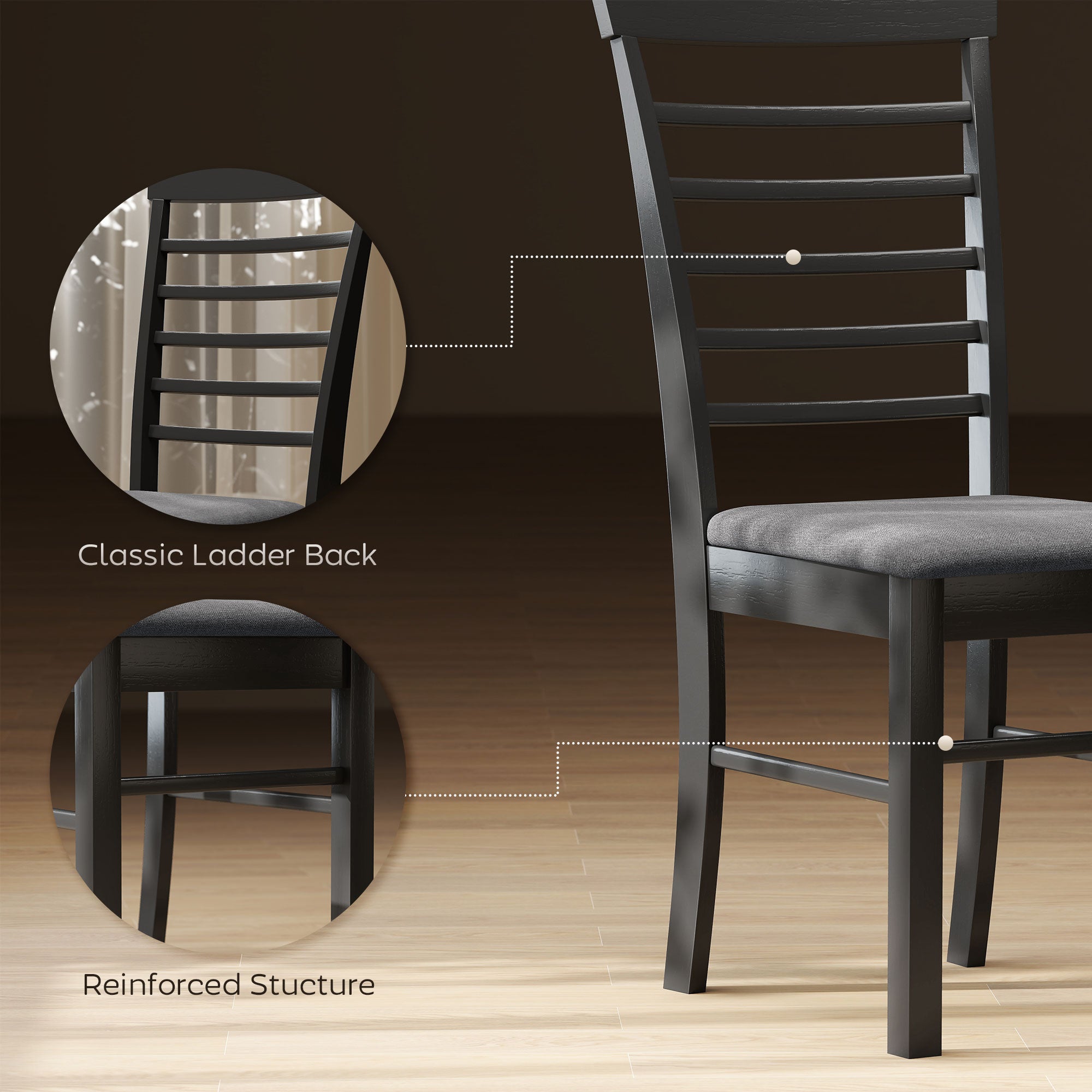 Wooden Dining Chairs Set of 4, Farmhouse Upholstered Kitchen Chairs with Rubber Wood Frame, Black and Gray