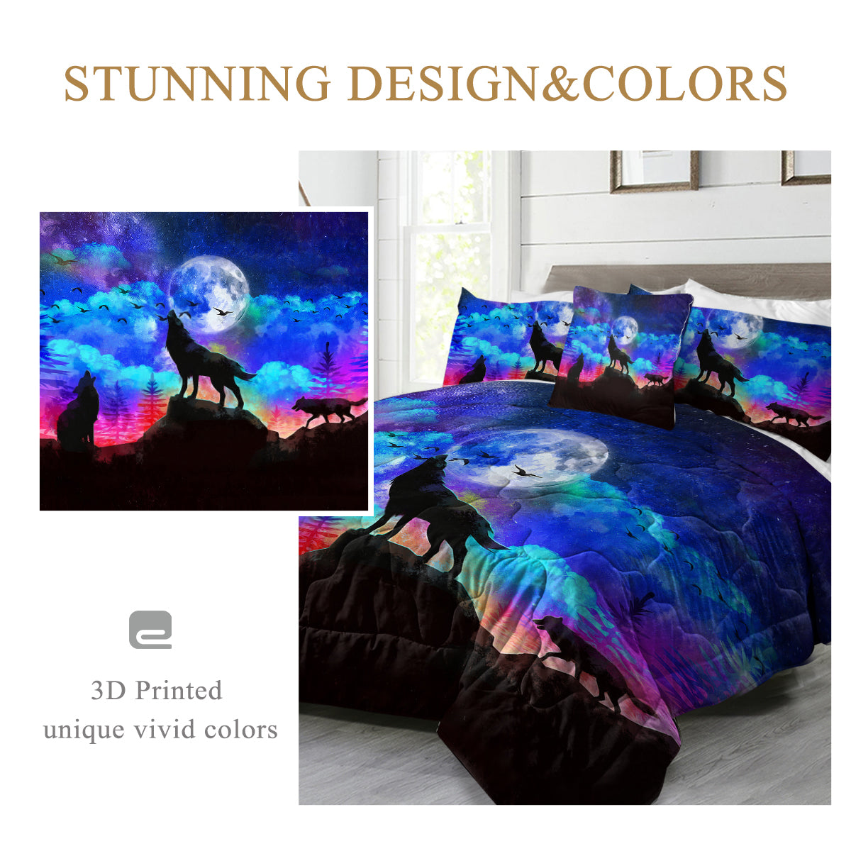 Galaxy Comforter Set Men 3D Wolf Bed Comforter Set 4 Piece Wolves Howling Bedding For Boys Retro Oil Painting Design Purple Blue And Black Bedding Set Queen King Size