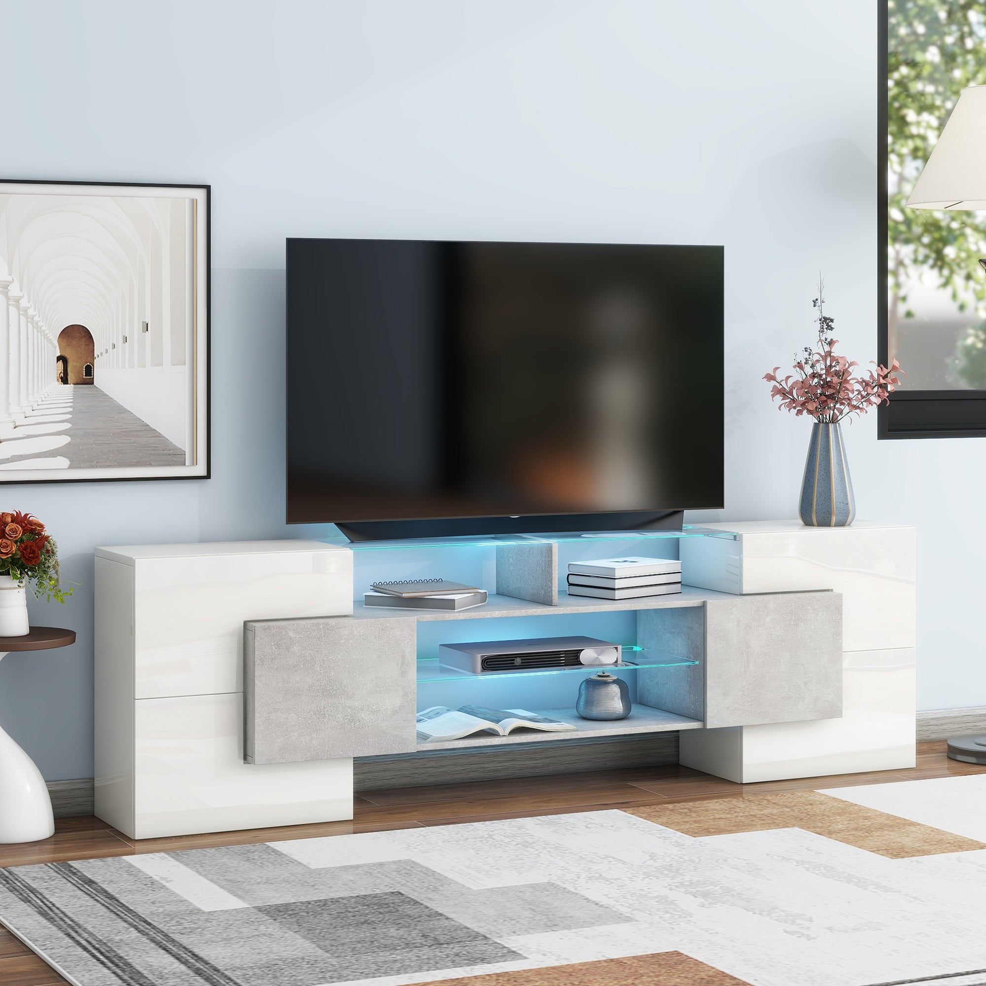 ON-TREND Unique Shape TV Stand With 2 Illuminated Glass Shelves, High Gloss Entertainment Center For TVs Up To 88, Versatile TV Cabinet With LED Color Changing Lights For Living Room, Grey