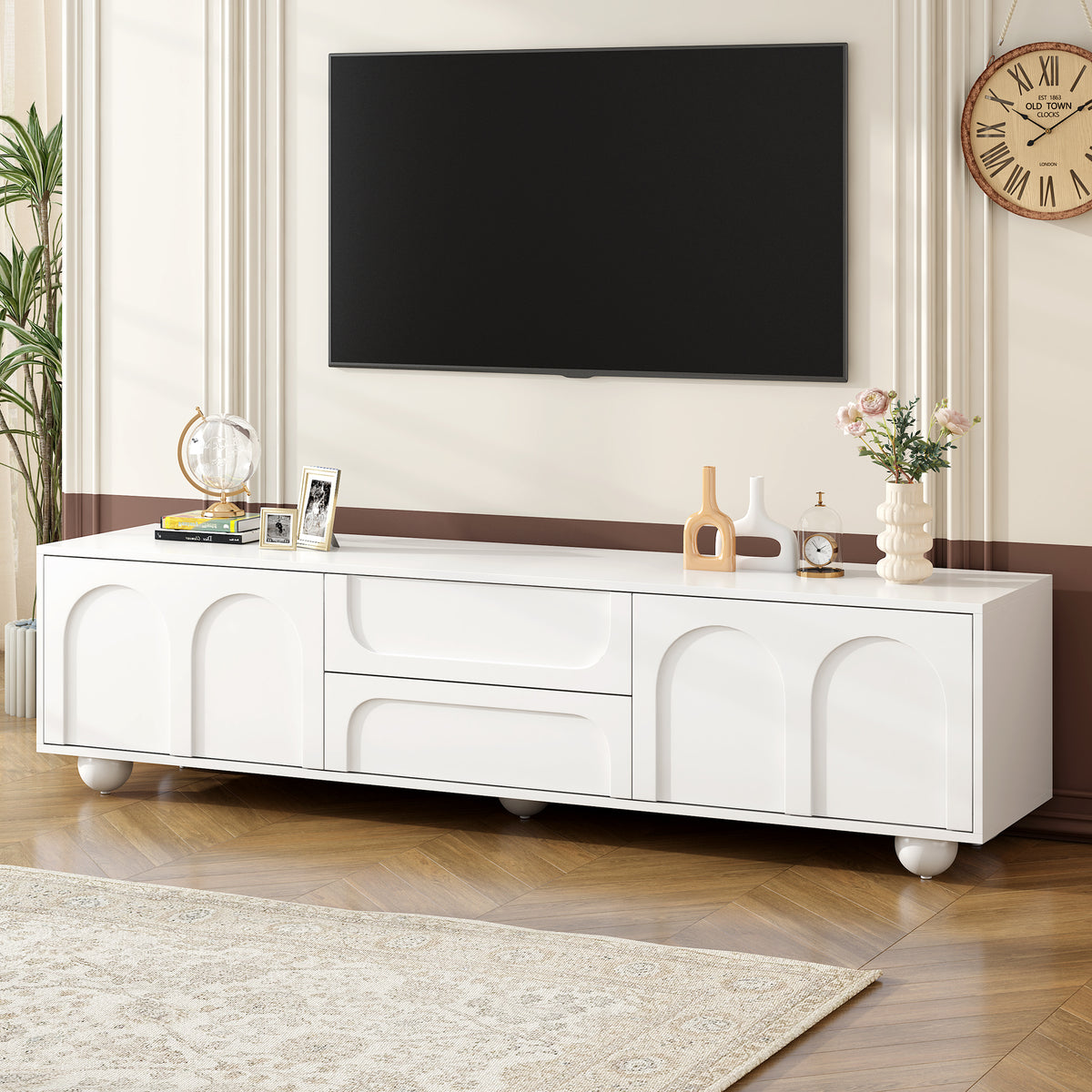 ON-TREND Cream Style TV Stand With Arched Doors  2 Drawers For TVs Up To 75, Minimalist Media Console With Rebound Device, Entertainment Center With 5 Iron Round Legs For Living Room, Bedroom, White