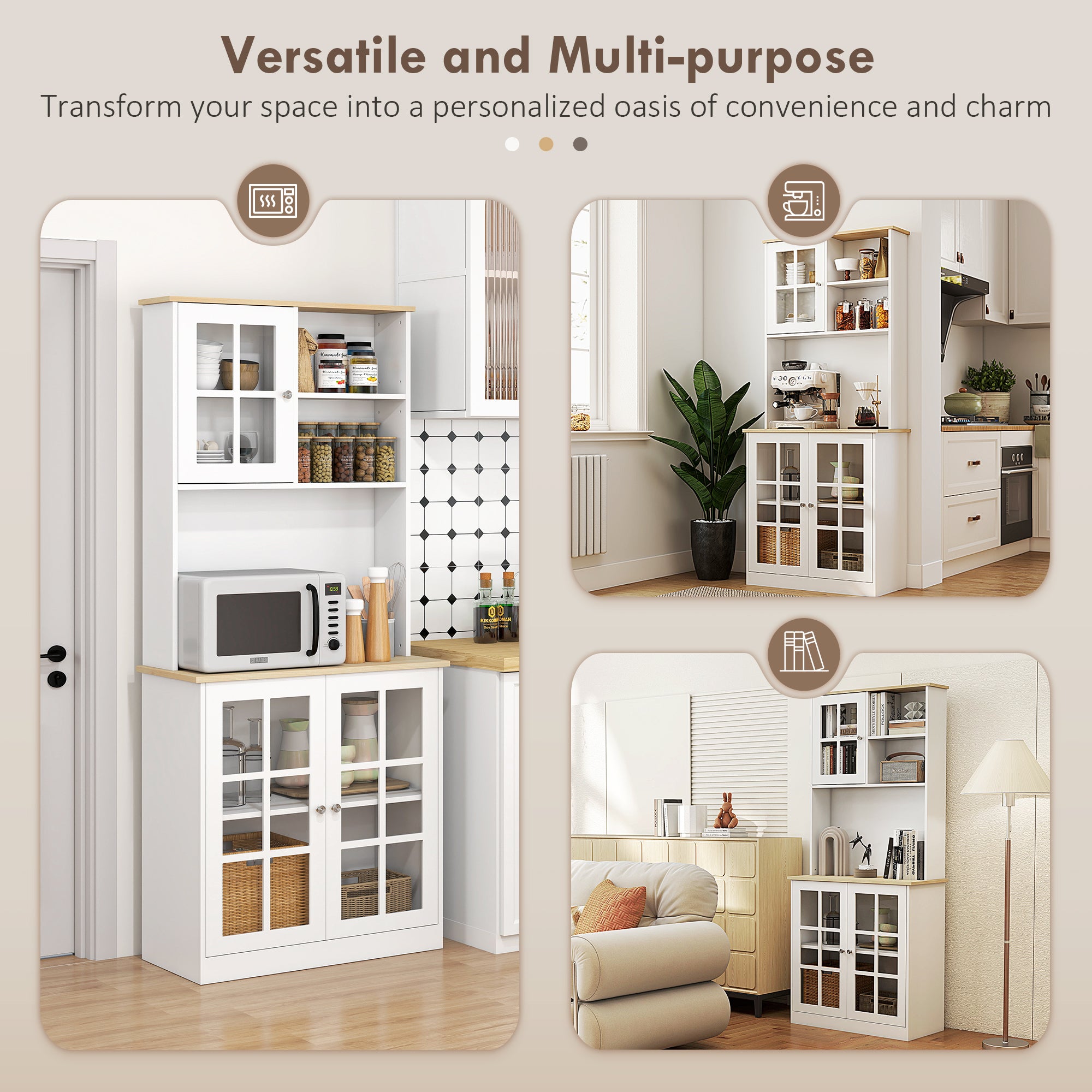 Kitchen Pantry Cabinet, 72" Freestanding Storage Cabinet with Hutch, Large Countertop, Glass Doors and Adjustable Shelves, Microwave Cabinet, Coffee Bar Cabinet for Dining Room, White