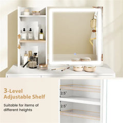 White Vanity Desk And Stool Set With Sliding Mirror & 3-Mode LED Light Strip, Anti-Toppling Dressing Table With Ample Storage