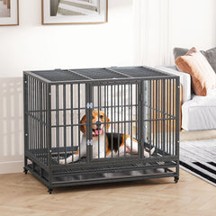 43" Heavy Duty Dog Crate Metal Cage Kennel with Lockable Wheels, Double Door and Removable Tray, Gray