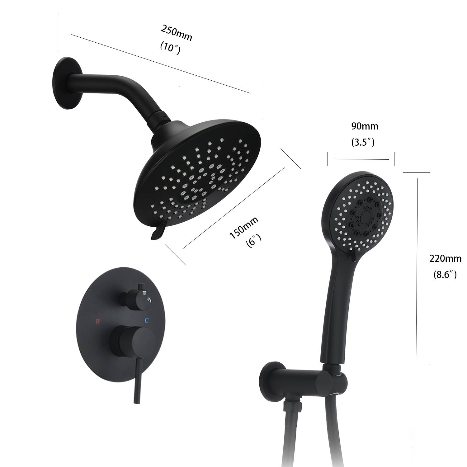 Round Shower System Wall Mounted Rain Mixer Combo Set