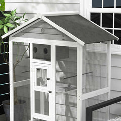 Wooden Bird Cage Aviary, Flight Cage With 4 Perches, Nest And Slide-Out Tray For Indoor Outdoor, Gray