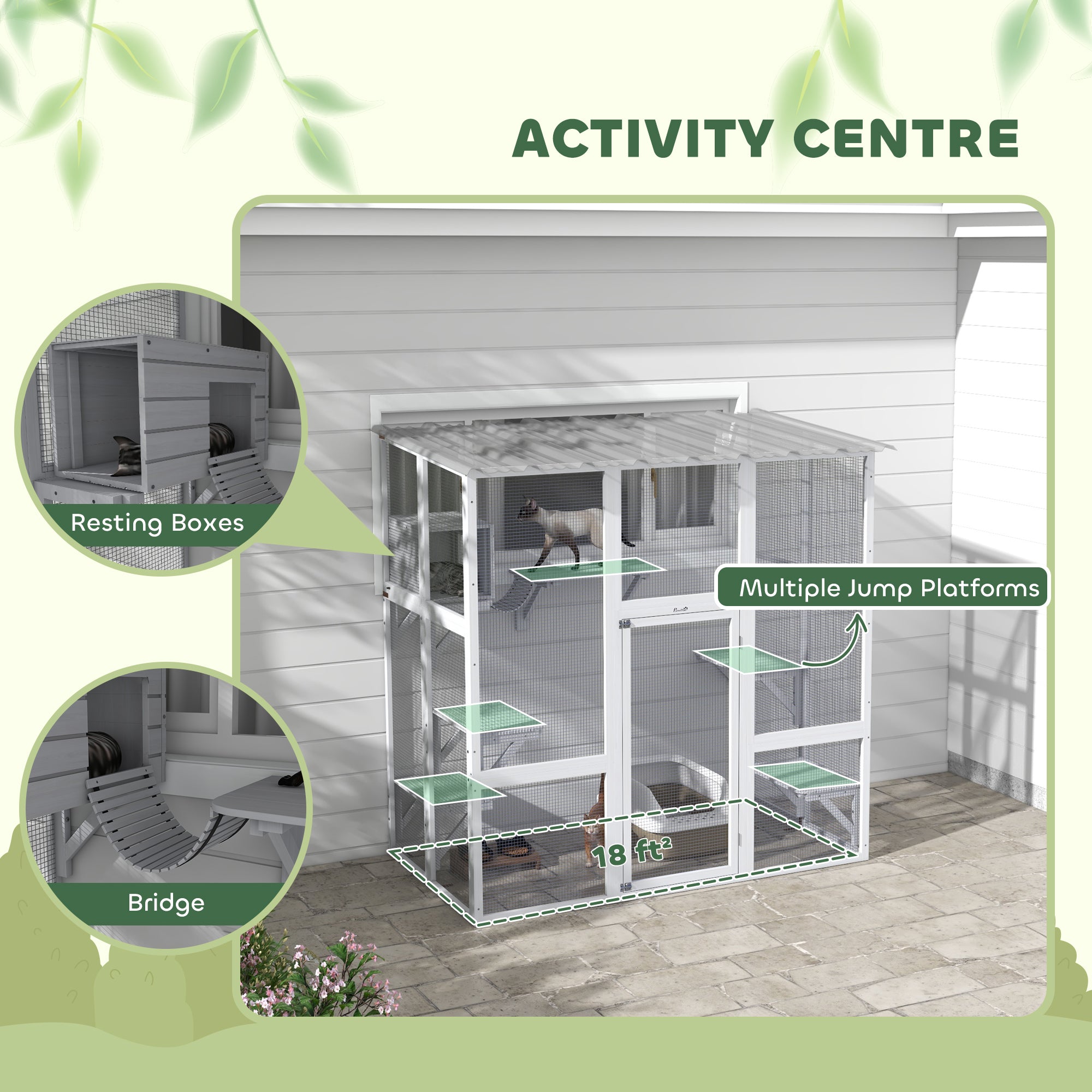 Catio Outdoor Cat Enclosure, Window Box Wooden Cat House with Bridge Platforms, White