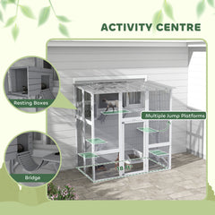 Catio Outdoor Cat Enclosure, Window Box Wooden Cat House with Bridge Platforms, White