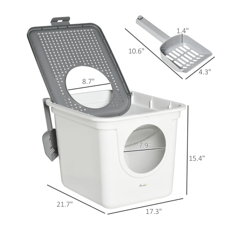 Covered Cat Litter Box, Easy Cleaning Kitty Litter Box With Front Entrance, Top Exit, Scoop, For Odor Control, White