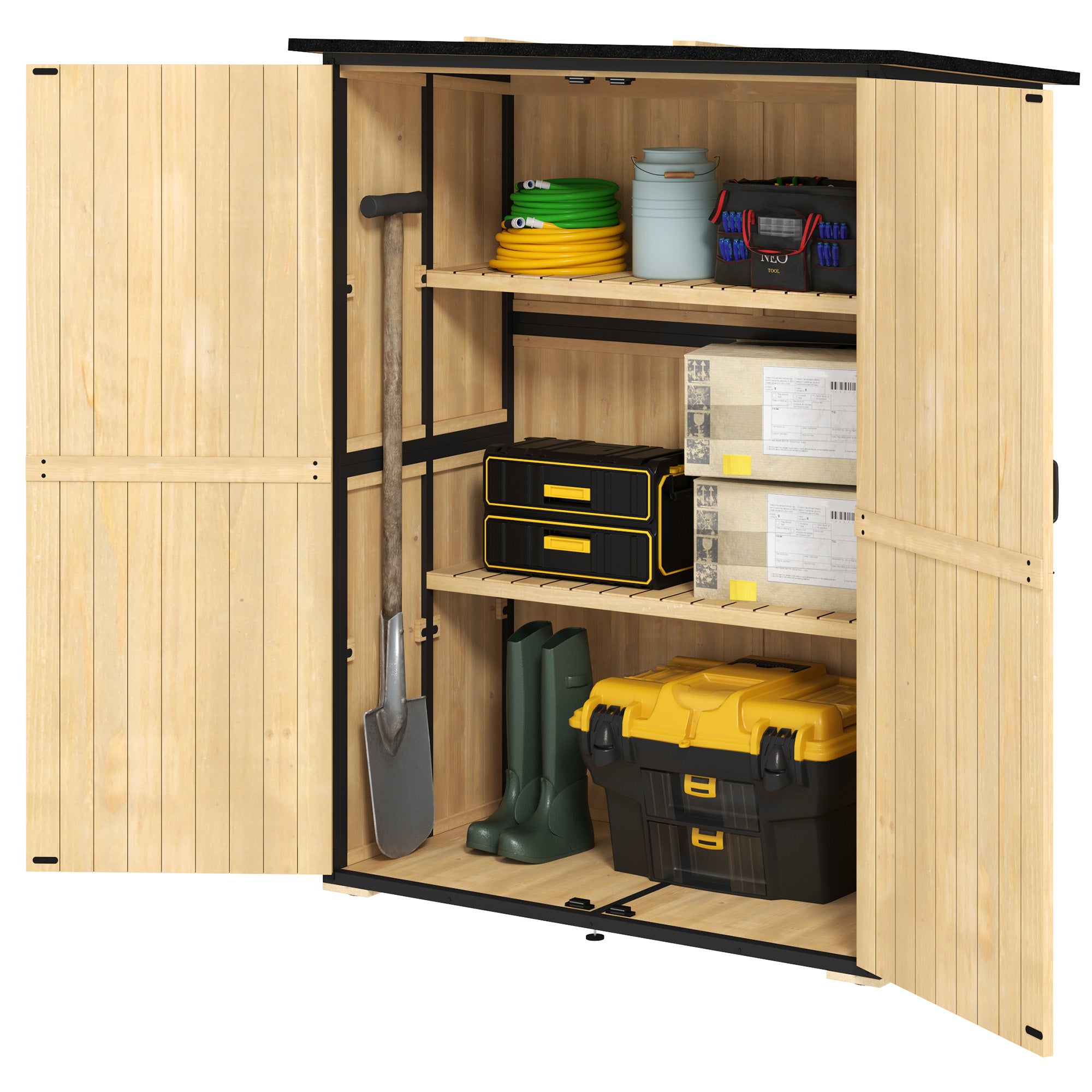 Wood Storage Shed, Outdoor Garden Shed With Asphalt Roof, 2 Shelves, Lockable Doors And Adjustable Feet, Natural