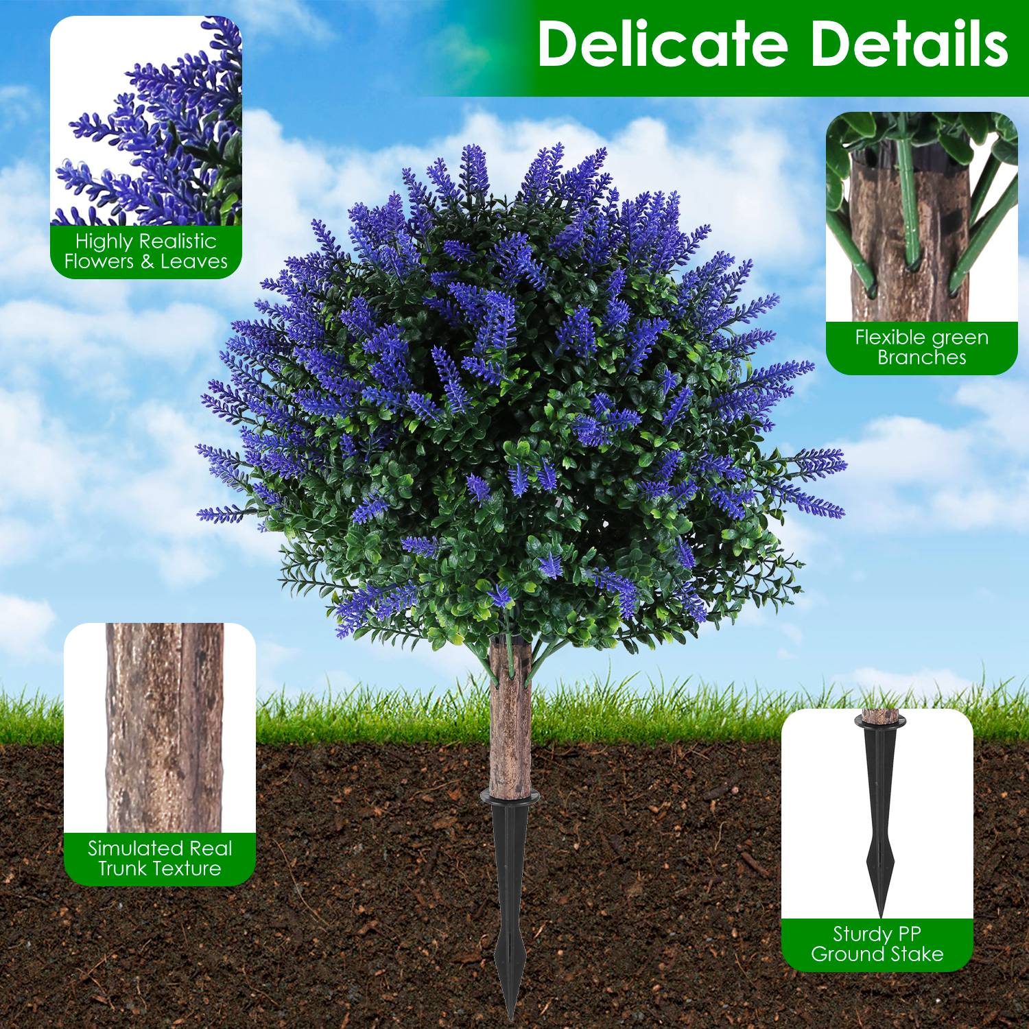 2 Packs Artificial Lavender Topiary Ball Trees UV Resistant Artificial Shrubs Fake Plants Evergreen Artificial Bush With Ground Spike For Indoor Outdoor Front Porch Garden