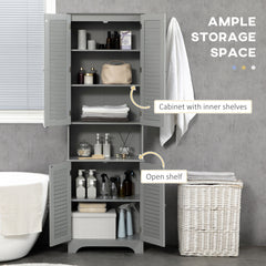 Tall Narrow Bathroom Storage Cabinet with Doors and Shelf Adjustability, Freestanding Linen Cabinet with 2 Cabinets and Countertop, Gray