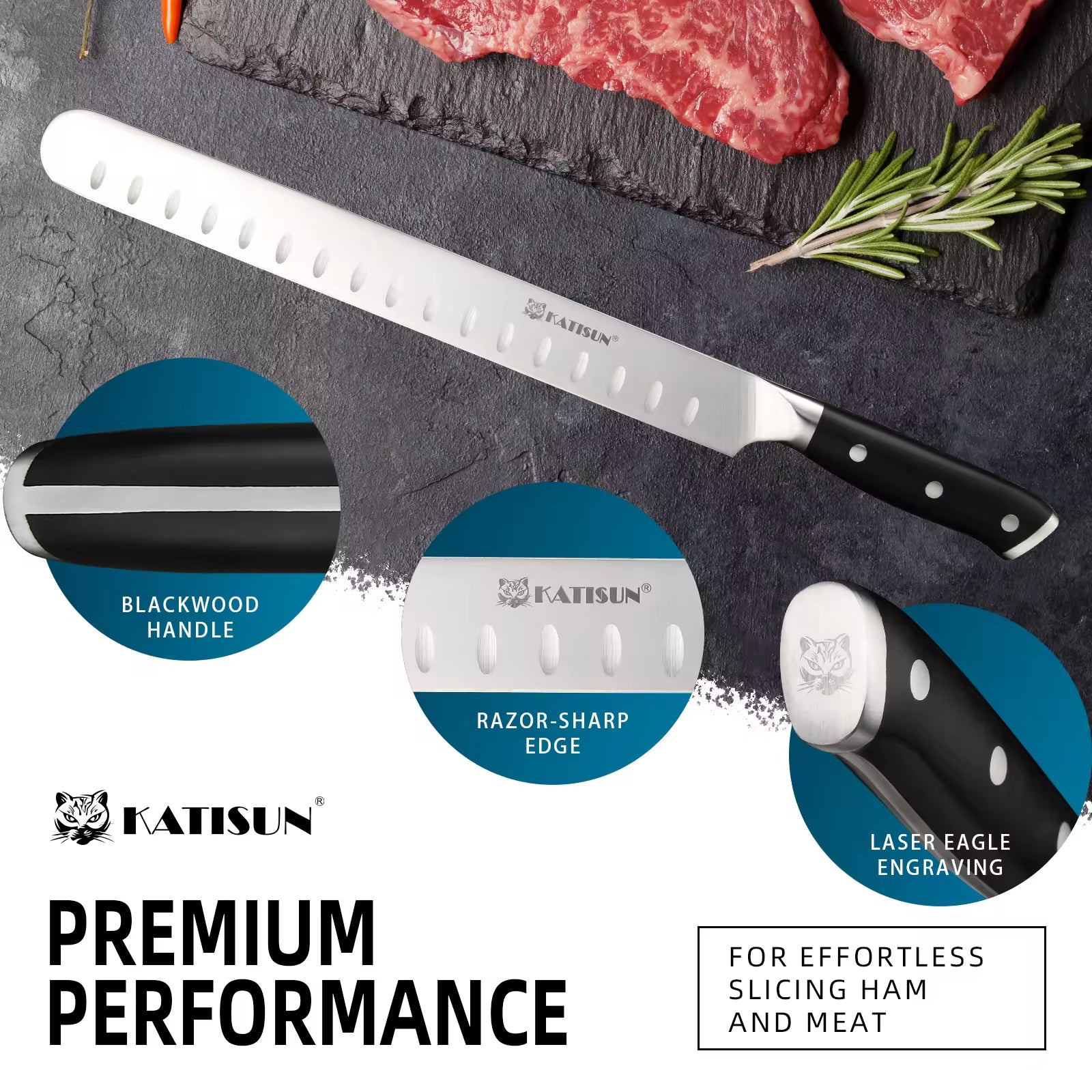 10-inch Carbon Steel Chef Knife For Beef, Turkey, And Ham, With Triple Rivet Handle