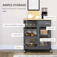 Rolling Kitchen Island with Storage, Kitchen Cart with 4-bottle Wine Rack, Bar Cart with Stemware Holder, Shelves, Drawer and Cabinet, Gray