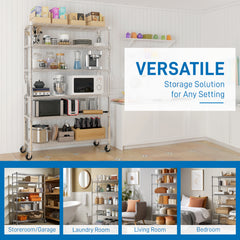6-Tier Modular Shelving Unit With 1 Row Of Side Hooks Features Adjustable Feet And Casters Iron Construction Freely Adjustable Shelf Spacing Home Shelving Unit 117x45x208cm Silver Paint Finish