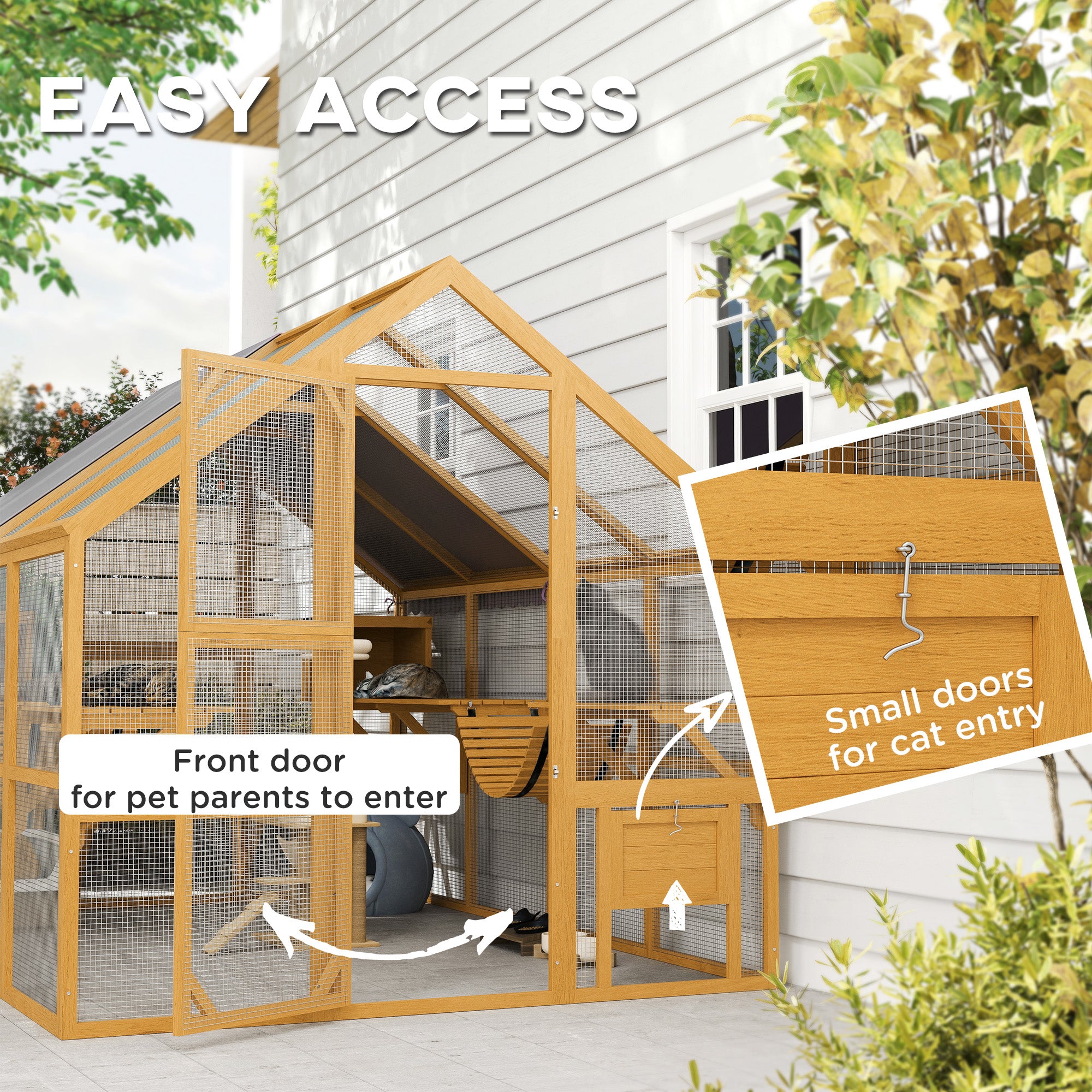 Wooden Catio Outdoor Cat Enclosure, Large Cat House with Waterproof Cover, 2 Condos, 6 Platforms, Bridge, Doors, Yellow