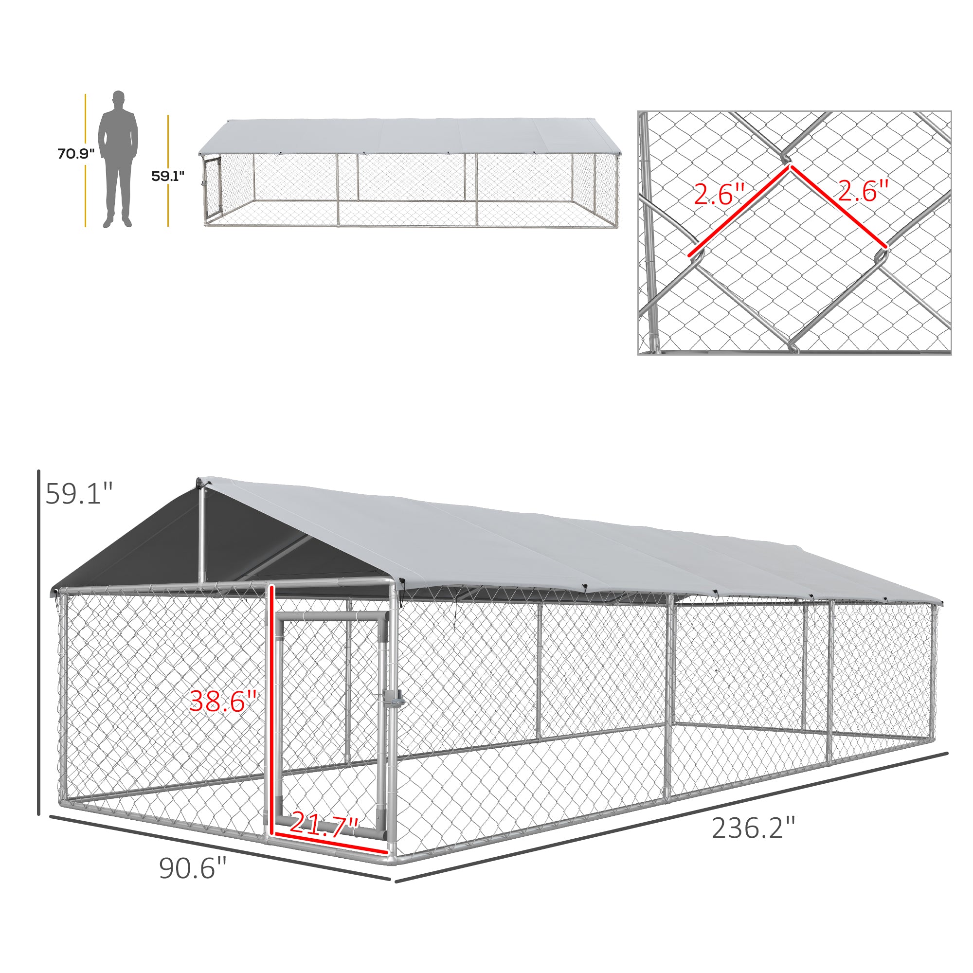 19.7' x 7.5' x 4.9' Outdoor Dog Kennel for Large-Sized Dogs with Waterproof UV Resistant Roof, Silver