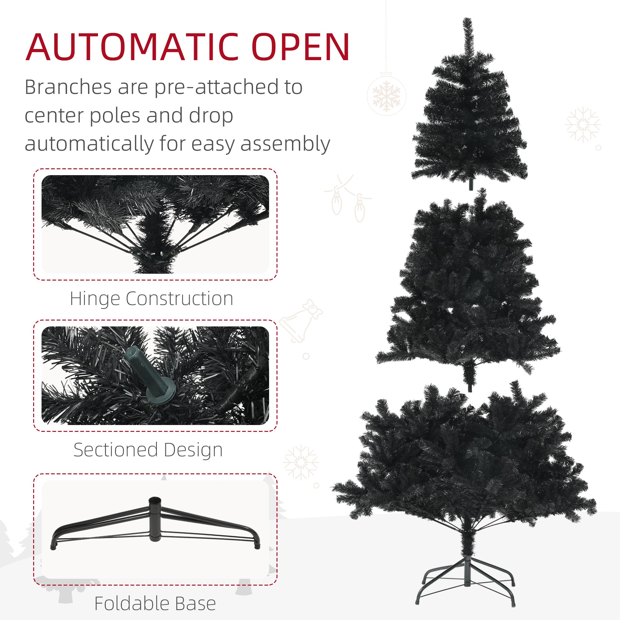 7.5ft Unlit Artificial Black Christmas Tree, Holiday Décor with 1346 Branch Tips, Auto Open and Steel Base