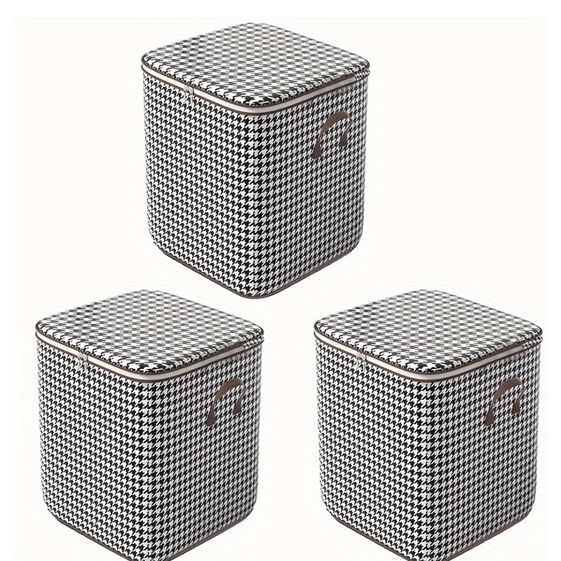 3pcs Set,140L,Stylish Foldable Zippered Storage Bags, Travel Organizer,Large Capacity, Portable, Moisture-Proof Non-Woven Fabric Solution, Houndstooth Print