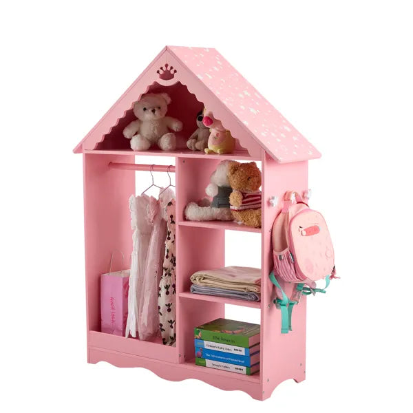 Pink And White Star-printed MDF, Spray-painted, 1 Mirror, 3-tier Shelf, 1 Clothes Rod, Children's Wardrobe