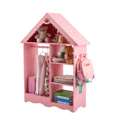 Pink And White Star-printed MDF, Spray-painted, 1 Mirror, 3-tier Shelf, 1 Clothes Rod, Children's Wardrobe