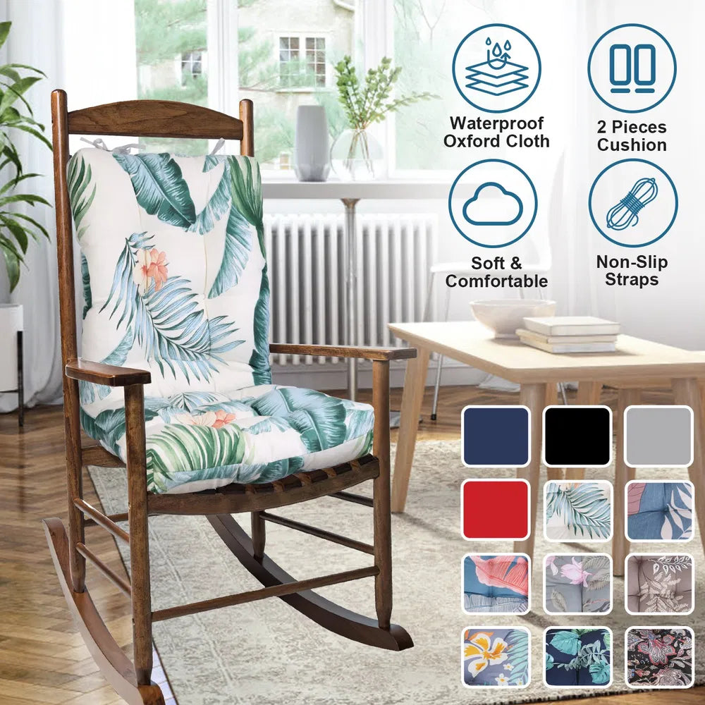 Waterproof Rocking Chair Cushion Upper And Lower Back And Seat Sets With Non-Slip Ties Oxford Cloth Surface Polyester Filling Comfortable For Indoor Home Office Car