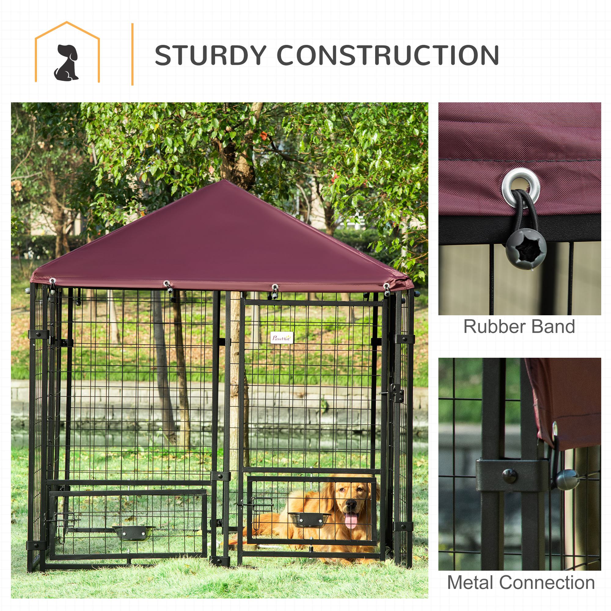 Outdoor Dog Kennel with Rotating Bowl Holders, Pet Playpen with Waterproof Cover, 4.6' x 4.6' x 5', Red
