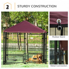 Outdoor Dog Kennel with Rotating Bowl Holders, Pet Playpen with Waterproof Cover, 4.6' x 4.6' x 5', Red