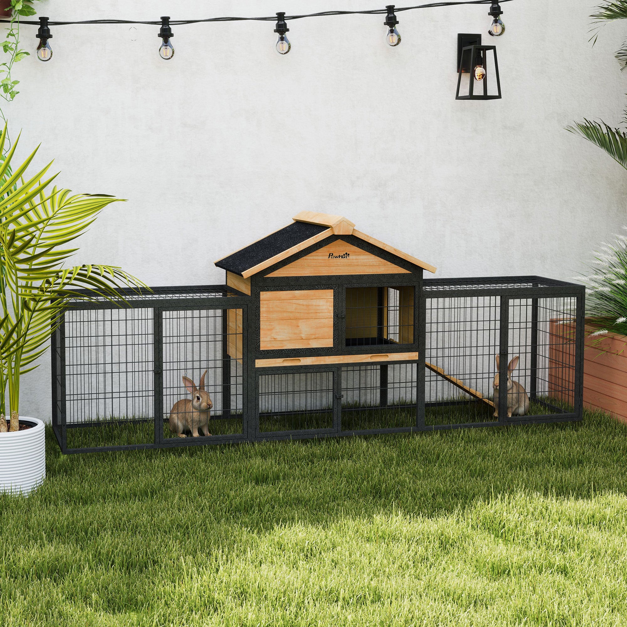 Wooden Rabbit Hutch Outdoor, 85" Large Bunny Cage with Steel Run, Removable Plastic Tray, Asphalt Roof, Ramp